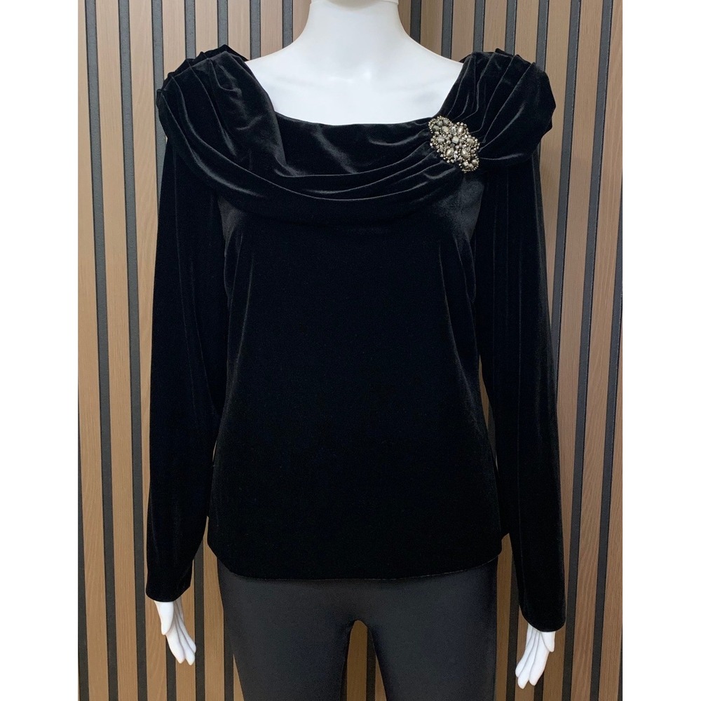 Alex Evenings Black Velvet Draped Portrait Neck Rhinestone Brooch Top Large